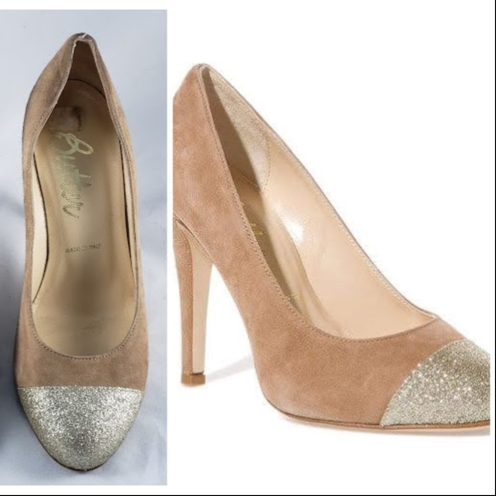 Butter Tan Suede Silver Glitter Cap Toe Heels